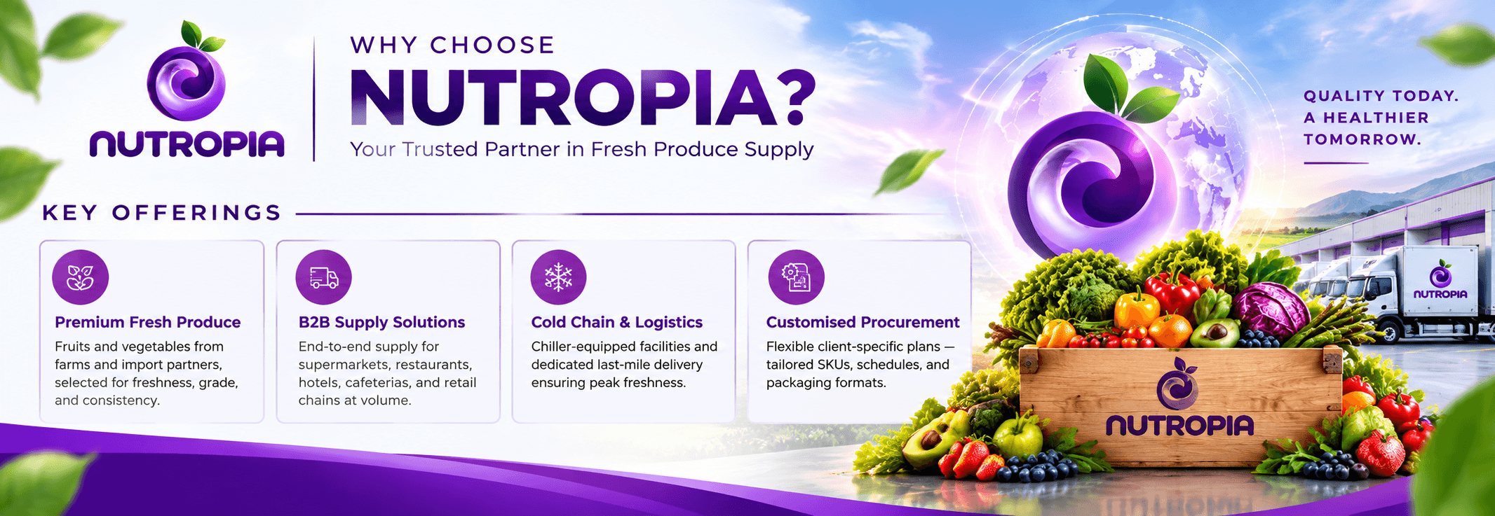 Why choose Nutropia - key offerings: premium fresh produce, B2B supply solutions, cold chain & logistics, customised procurement