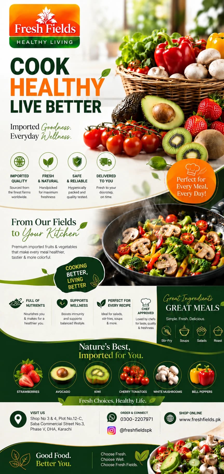 Fresh Fields poster: Cook Healthy, Live Better, with a basket of fresh produce, a vegetable stir fry and Nature's Best, Imported for You.