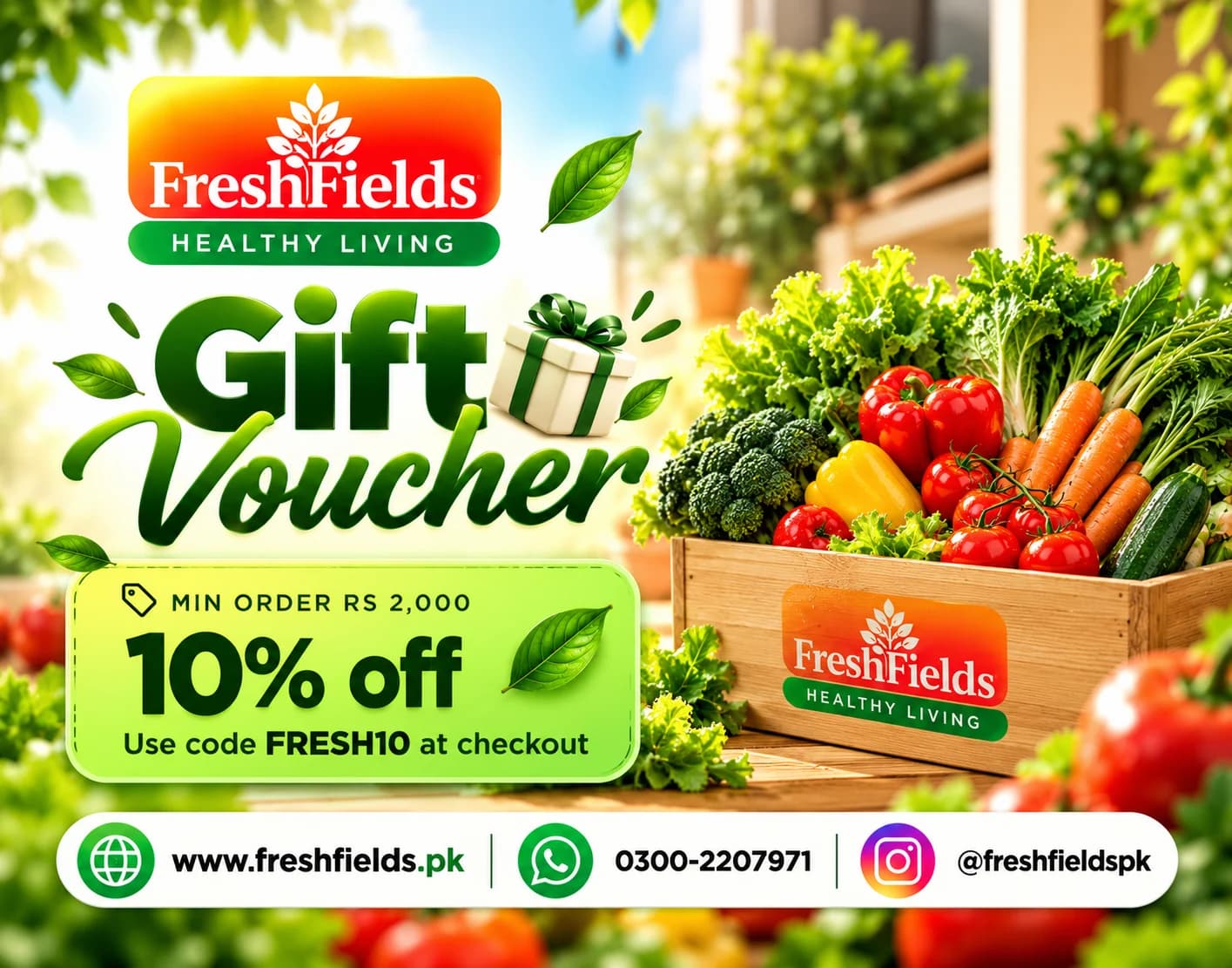 FreshFields gift voucher: 10% off, minimum order Rs 2,000, use code FRESH10 at checkout