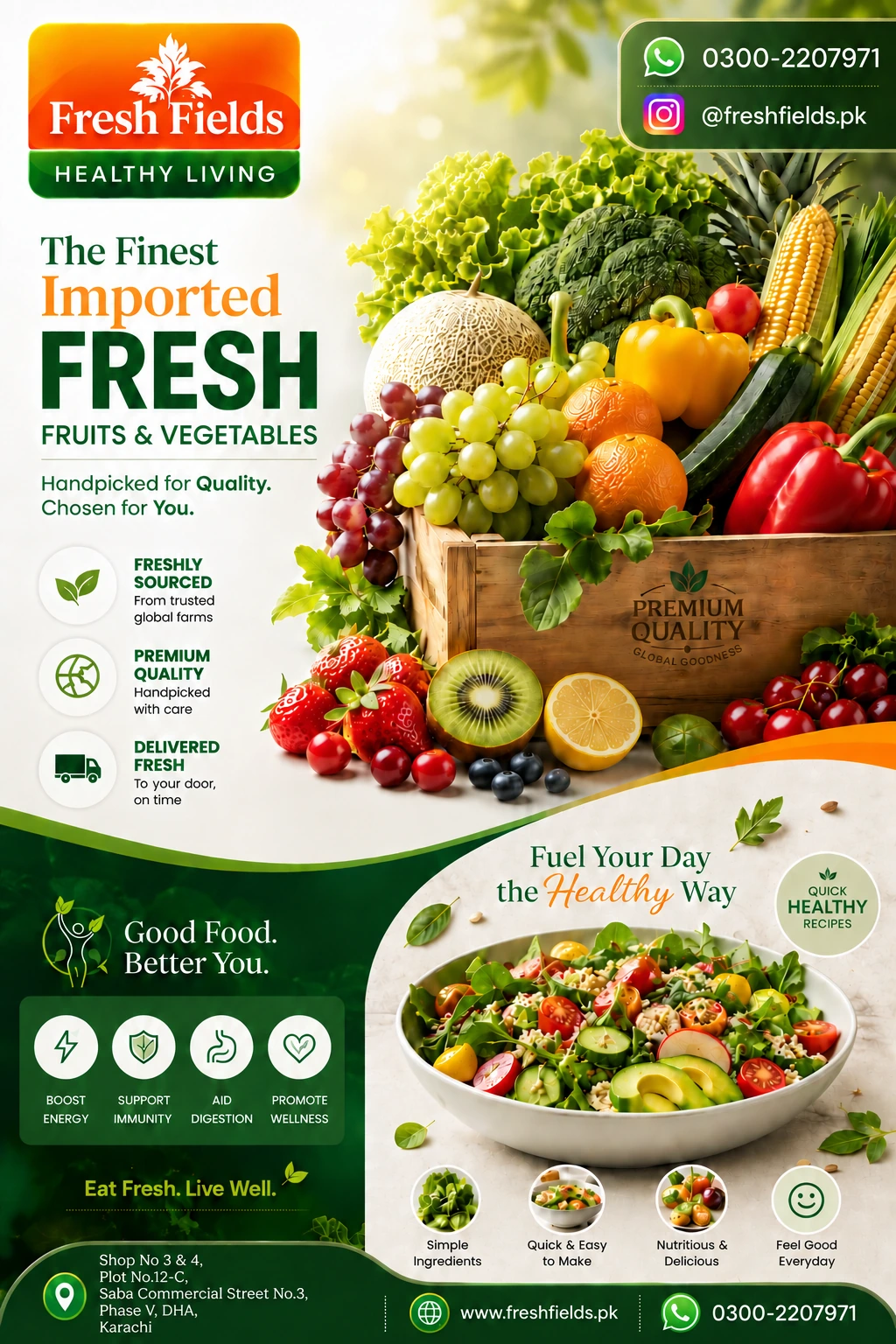 Fresh Fields poster: The Finest Imported Fresh Fruits & Vegetables, handpicked for quality, with a crate of fresh fruit and vegetables and a healthy salad bowl.