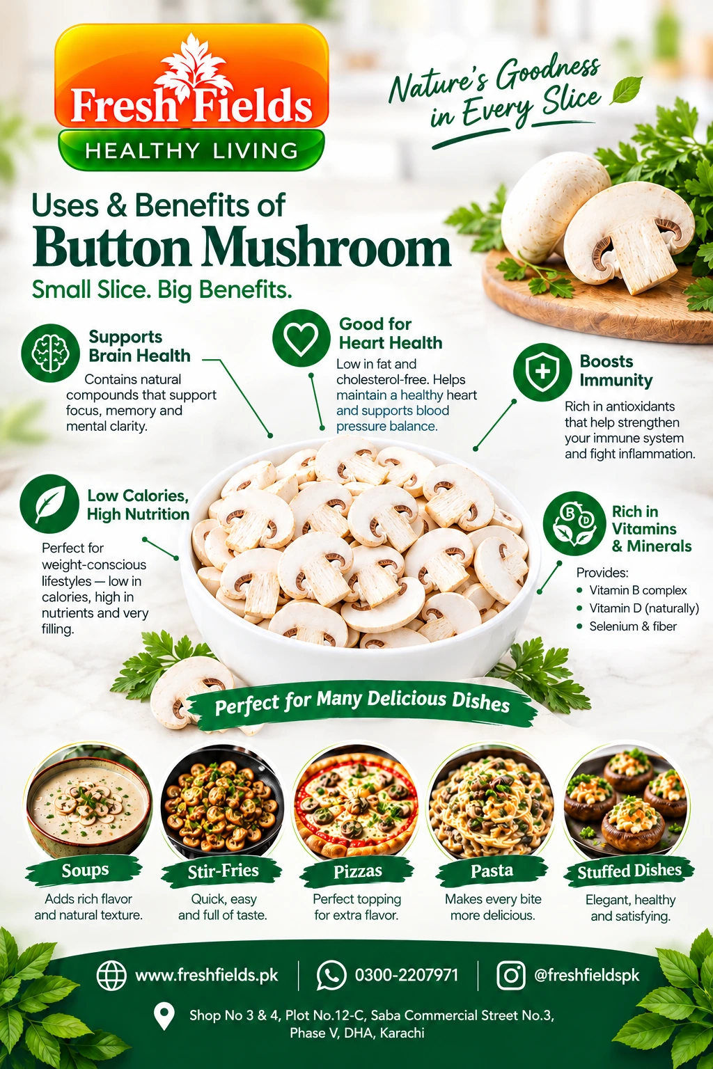 Fresh Fields poster: Uses and Benefits of Button Mushroom, with its health benefits and dishes it is perfect for.